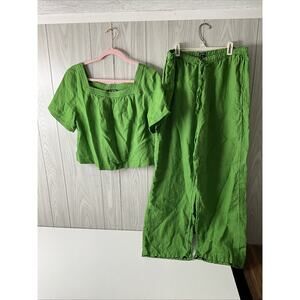 J. Crew Linen Sailor Square Neck Short Sleeve Blouse Linen Pants set M/MT Green